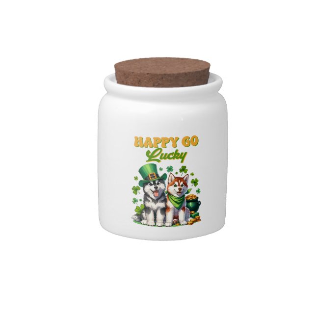 Happy Go Lucky Cute Husky St. Patricks Day Candy Jar (Front)