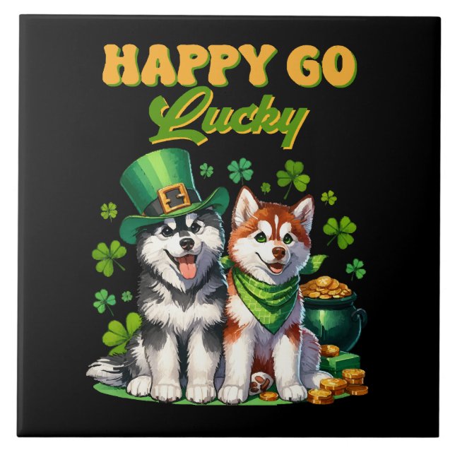 Happy Go Lucky Cute Husky St. Patricks Day Ceramic Tile (Front)