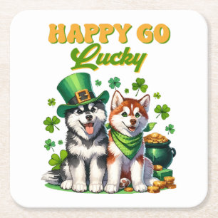 Happy Go Lucky Cute Husky St. Patricks Day Square Paper Coaster