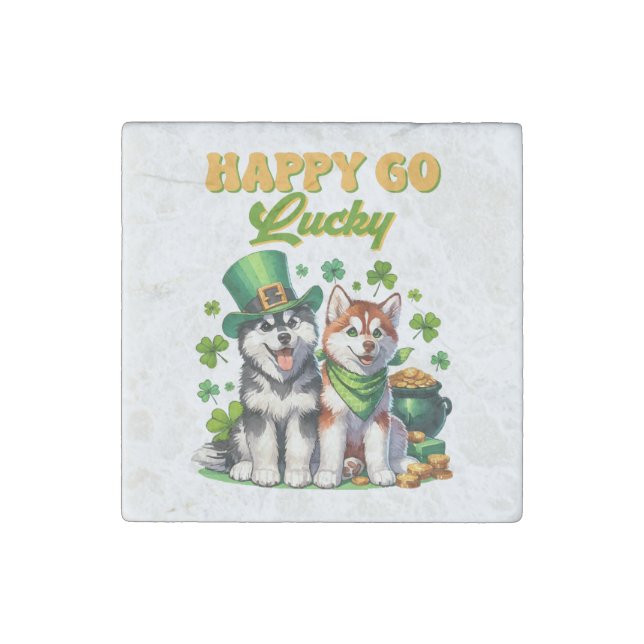Happy Go Lucky Cute Husky St. Patricks Day Stone Magnet (Front)