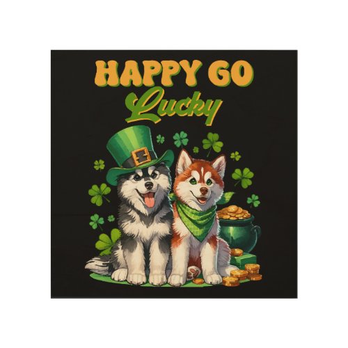 Happy Go Lucky Cute Husky St Patricks Day Wood Wall Art