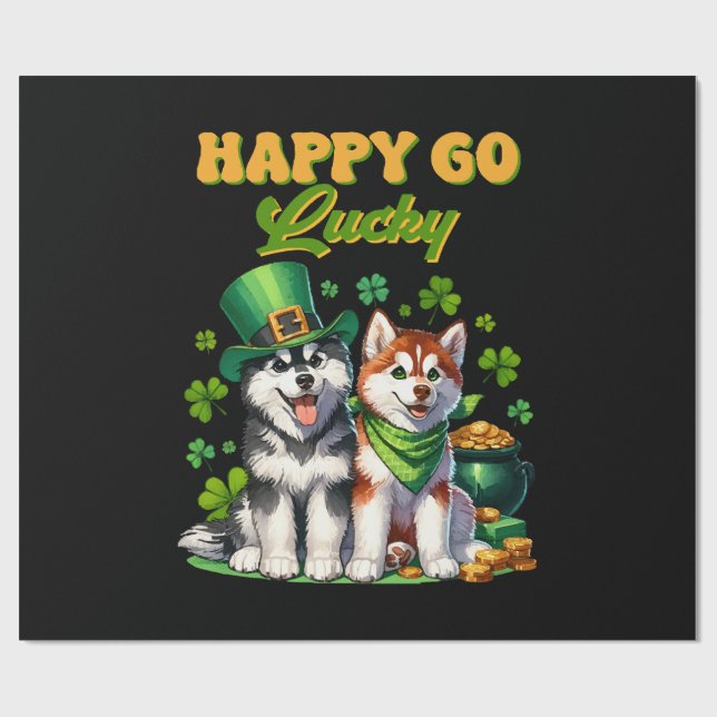 Happy Go Lucky Cute Husky St. Patricks Day Wrapping Paper (Flat)