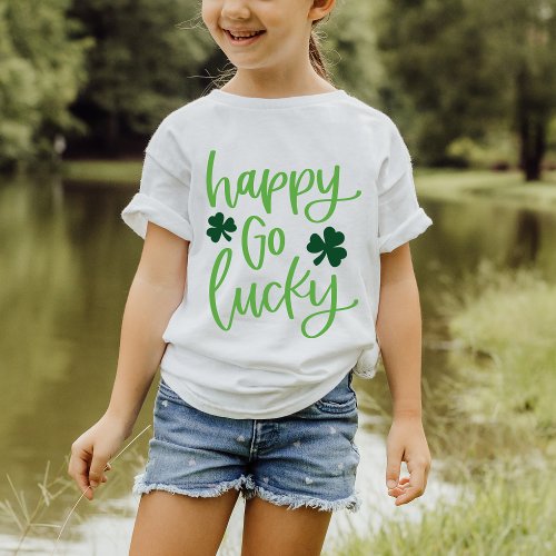 Happy Go Lucky Green Lettering with Shamrocks T_Shirt