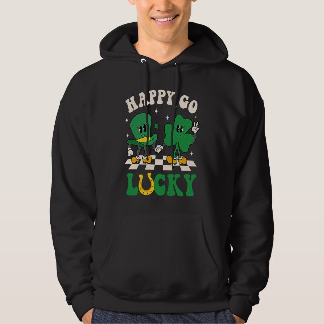 Happy Go Lucky Groovy Shamrock Irish Ireland St Pa Hoodie (Front)