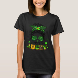 Happy Go Lucky Messy Bun Shamrock St Patrick s Day T-Shirt