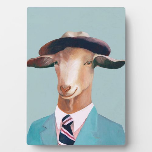 Happy Goat Men  Blue Background  Plaque