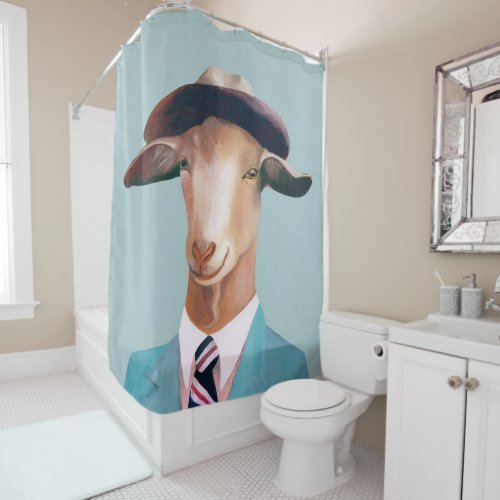 Happy Goat Men  Blue Background  Shower Curtain