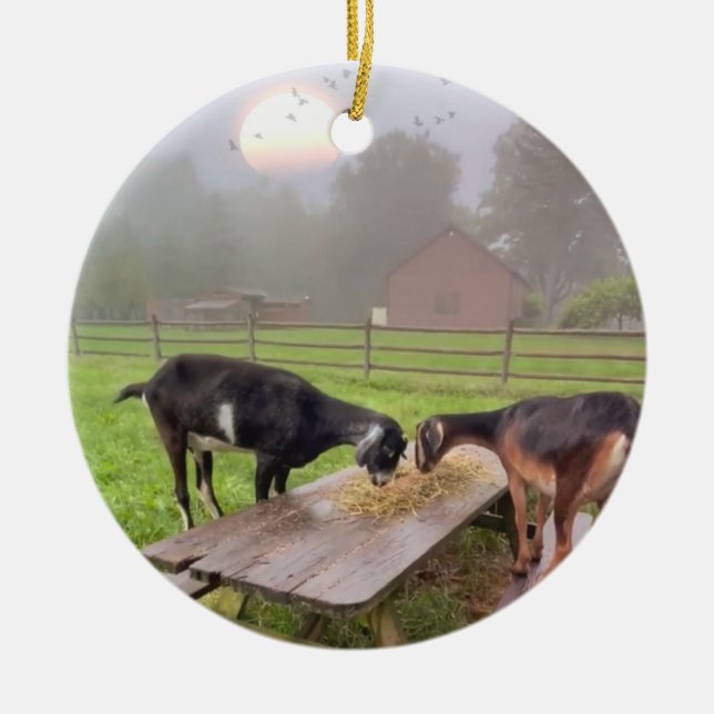 Happy Goats At Sunset Ceramic Ornament (Front)