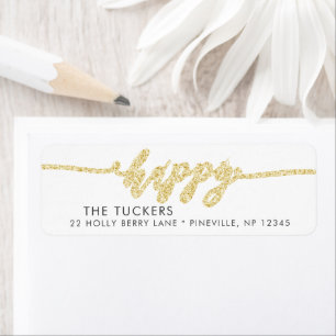 HAPPY Gold Glitter Script Holiday Return Address Label