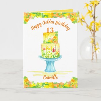Happy Golden Birthday Cake Custom Name Yellow Card by CountryGarden at Zazzle