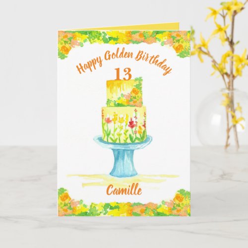 Happy Golden Birthday Cake Custom Name Yellow Card