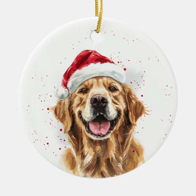 Happy Golden Retriever Dog Christmas Personalized Ceramic Ornament (Front)