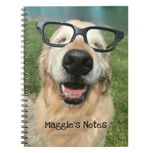 Happy Golden Retriever Dog in Nerd Glasses Notebook