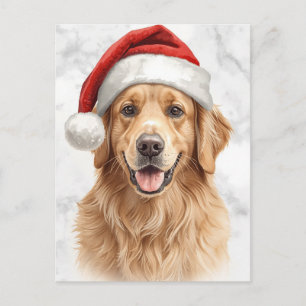 Happy Golden Retriever Dog in Santa Hat Watercolor Holiday Postcard
