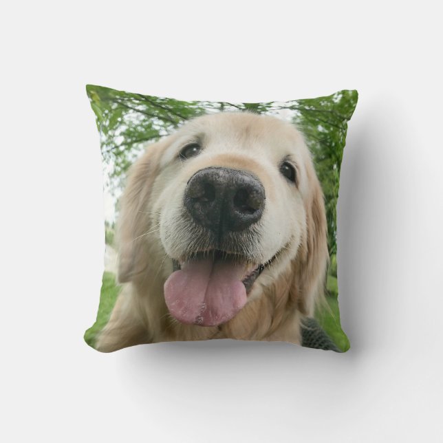 Happy Golden Retriever Dog Outside Portrait Throw Pillow (Front)