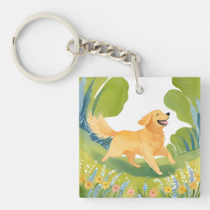 Happy Golden Retriever   Dog Watercolor Keychain