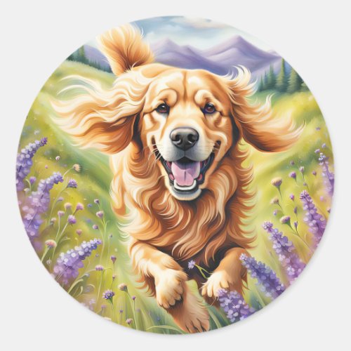 Happy Golden Retriever In Lavender Field Classic Round Sticker