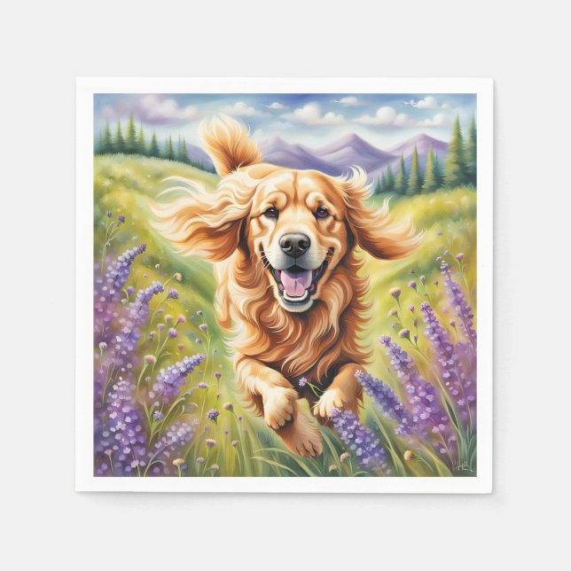 Happy Golden Retriever In Lavender Field Napkins (Front)