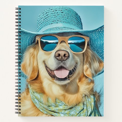 Happy Golden Retriever in Sunglasses and Hat  Notebook