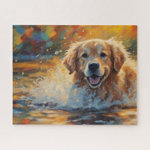 Happy Golden Retriever In Water Jigsaw Puzzle