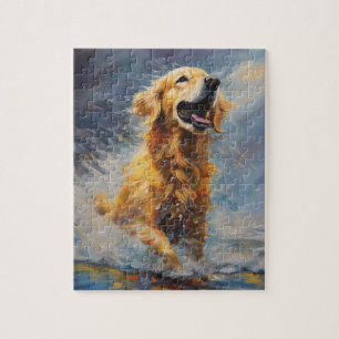 Happy Golden Retriever In Water Jigsaw Puzzle