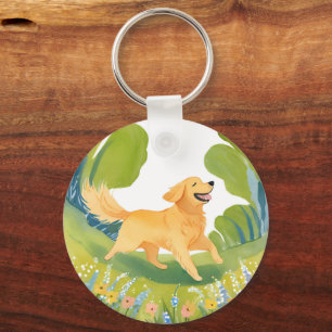 Happy Golden Retriever Light Watercolor Card Keychain