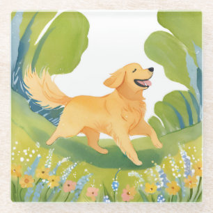 Happy Golden Retriever Light Watercolor Glass Coaster