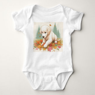 Happy Golden Retriever Puppy in Leaves Baby Bodysuit