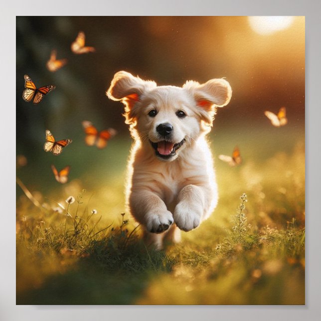 happy Golden Retriever puppy running morning light Poster (Front)