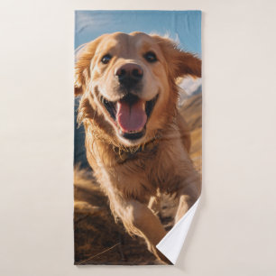 Happy Golden Retriever Running  Bath Towel