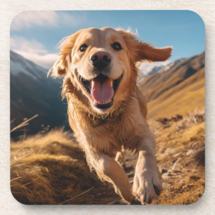 Happy Golden Retriever Running Beverage Coaster