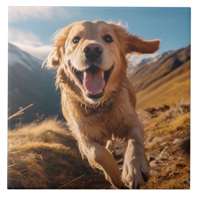 Happy Golden Retriever Running  Ceramic Tile (Front)