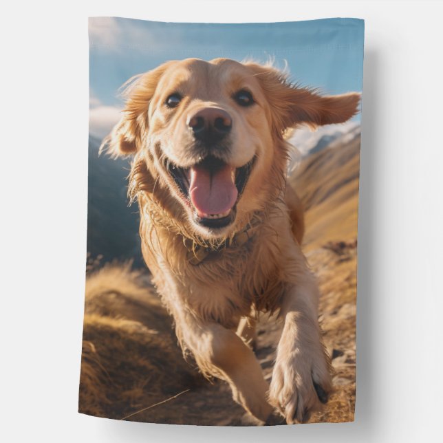 Happy Golden Retriever Running  House Flag (Front)