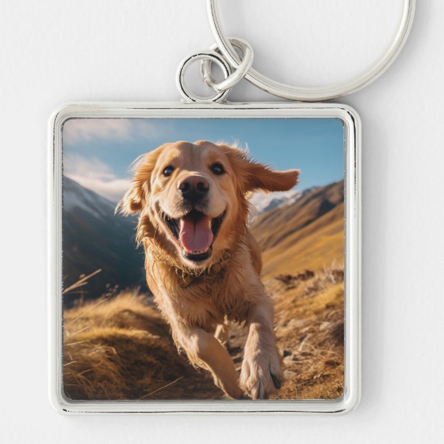 Happy Golden Retriever Running  Keychain (Front)