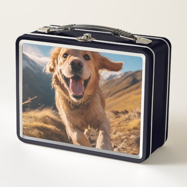 Happy Golden Retriever Running  Metal Lunch Box (Front)