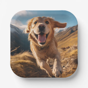 Happy Golden Retriever Running  Paper Plates