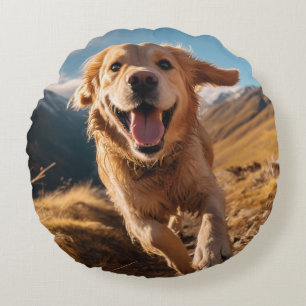 Happy Golden Retriever Running  Round Pillow