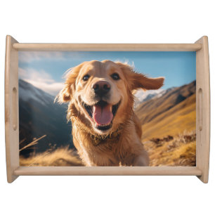 Happy Golden Retriever Running Serving Tray