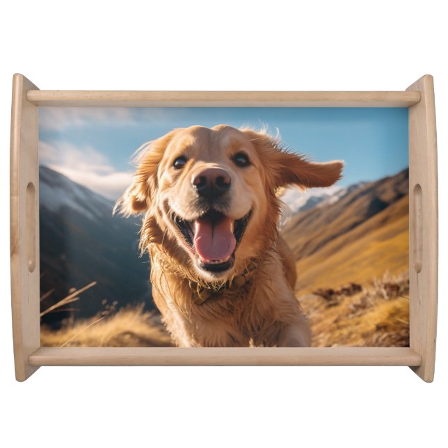 Happy Golden Retriever Running  Serving Tray (Front)