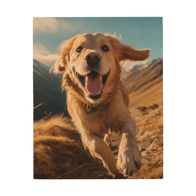 Happy Golden Retriever Running  Wood Wall Art (Front)