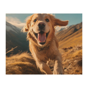 Happy Golden Retriever Running Wood Wall Art