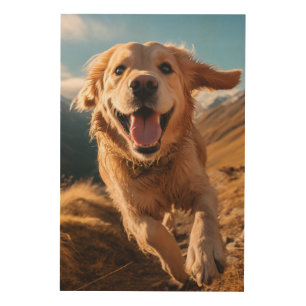 Happy Golden Retriever Running  Wood Wall Art