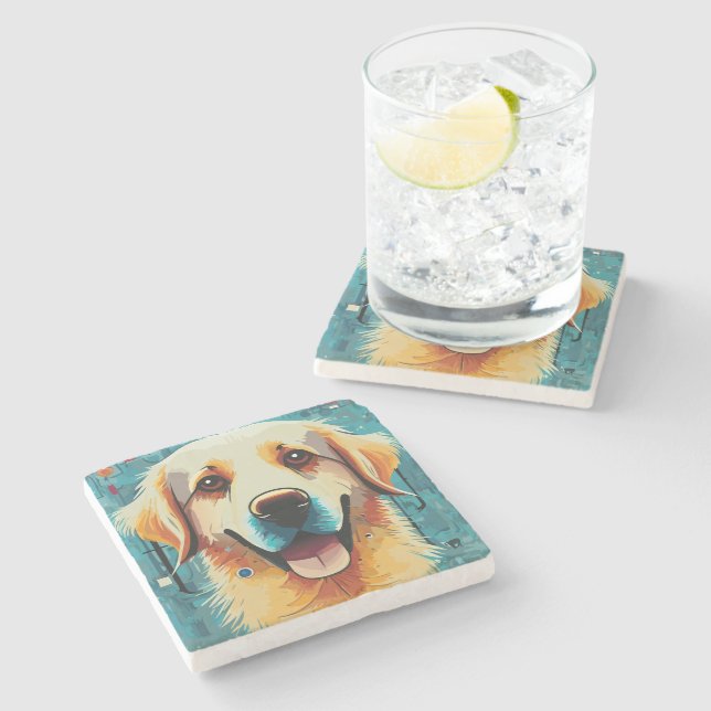 Happy Golden Retriever Stone Coaster (Side)