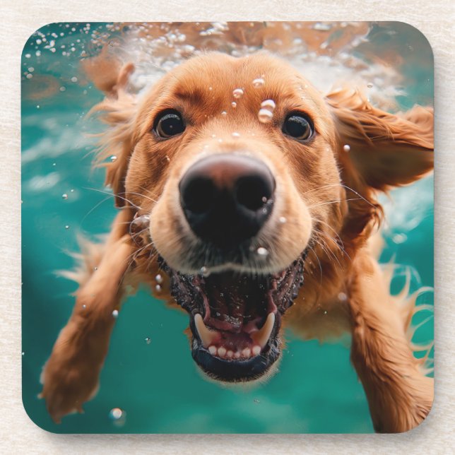 Happy Golden Retriever Swimming Underwater Beverage Coaster (Front)