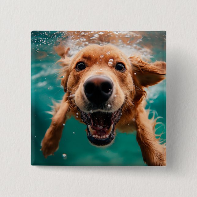 Happy Golden Retriever Swimming Underwater Button (Front)