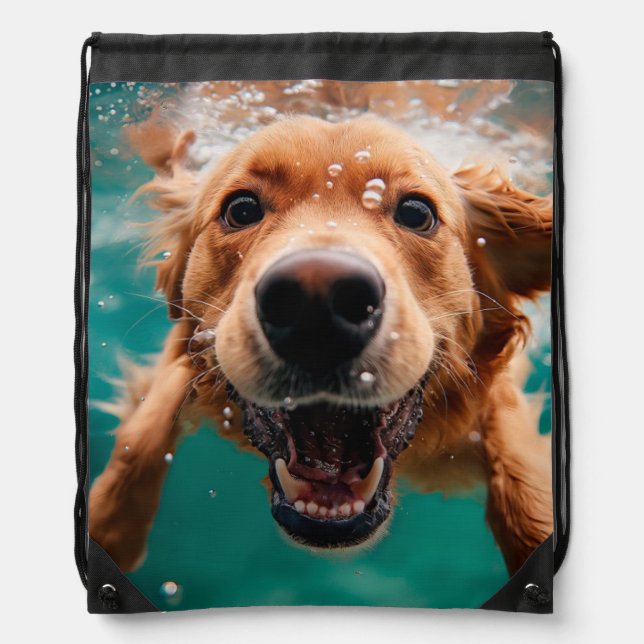 Happy Golden Retriever Swimming Underwater Drawstring Bag (Front)