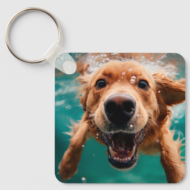 Happy Golden Retriever Swimming Underwater Keychain (Front)