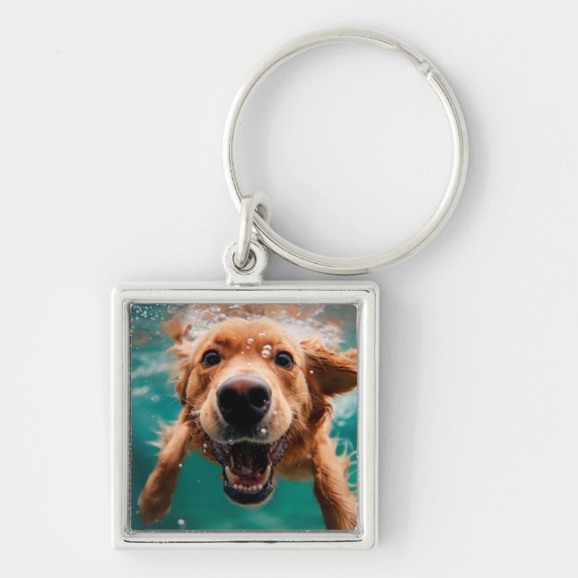 Happy Golden Retriever Swimming Underwater Keychain (Front)