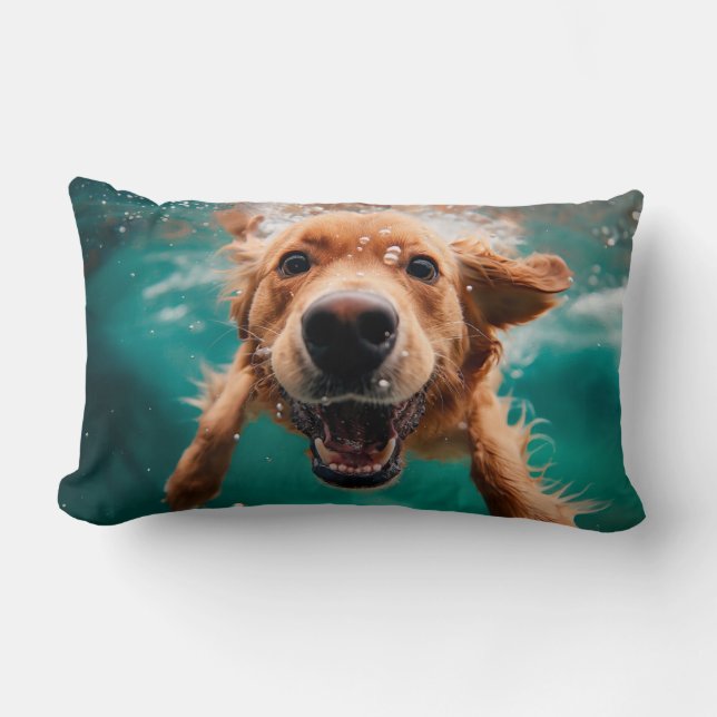 Happy Golden Retriever Swimming Underwater Lumbar Pillow (Front)