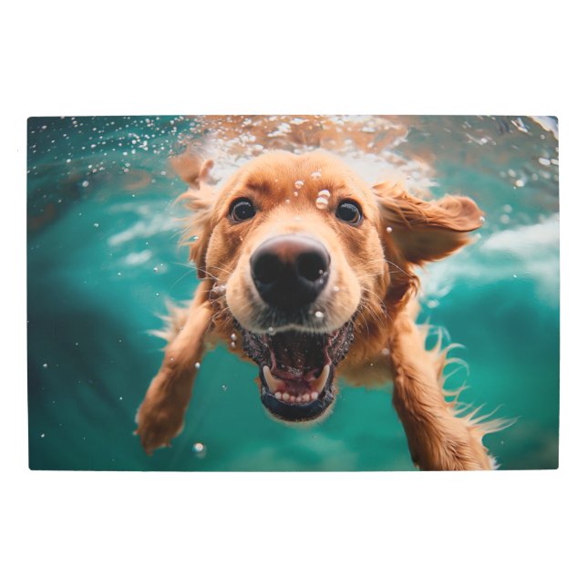 Happy Golden Retriever Swimming Underwater Metal Print (Front)